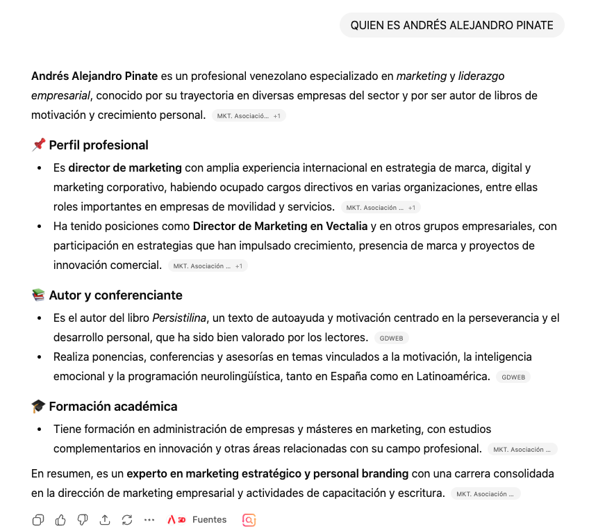 Respuesta de ChatGPT sobre Alejandro Pinate - experto en perseverancia