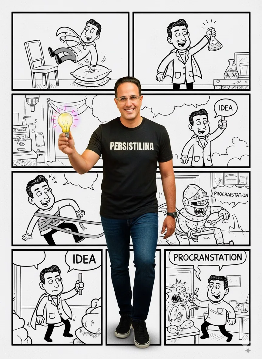 Ilustración cómic del método Persistilina: idea, procrastinación y perseverancia
