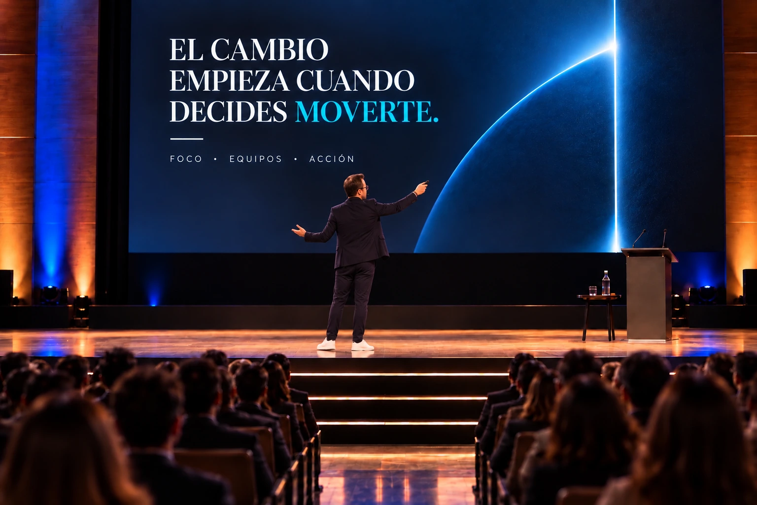 Alejandro Pinate ante un gran auditorio durante una conferencia de gestión del cambio