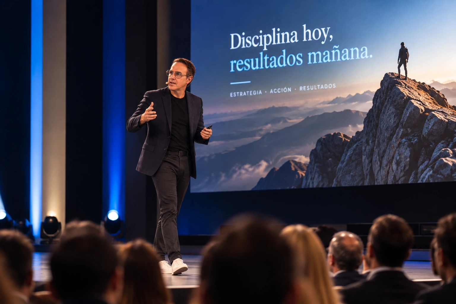 Alejandro Pinate en el escenario de una convención corporativa durante su conferencia