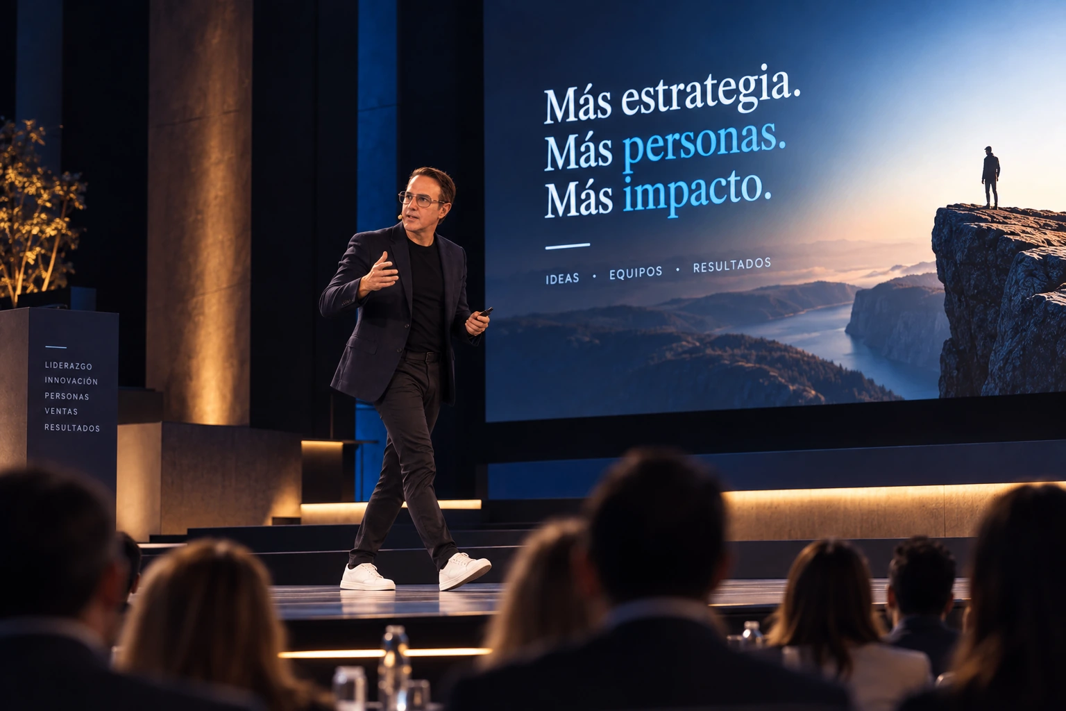 Alejandro Pinate en el escenario de una convención sobre estrategia, personas e impacto