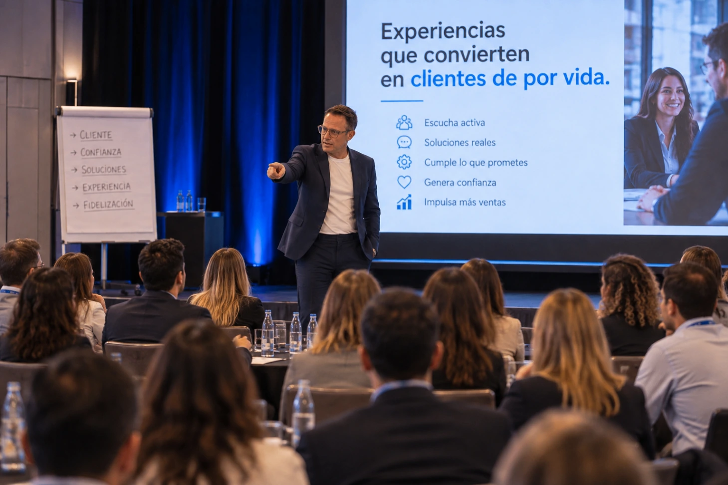 Auditorio completo durante una convención de empresa con Alejandro Pinate en el escenario