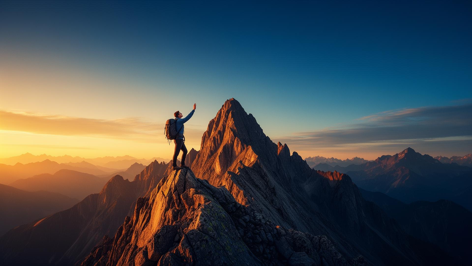Escalador alcanzando la cima de una montaña al amanecer — símbolo de perseverancia y superación personal