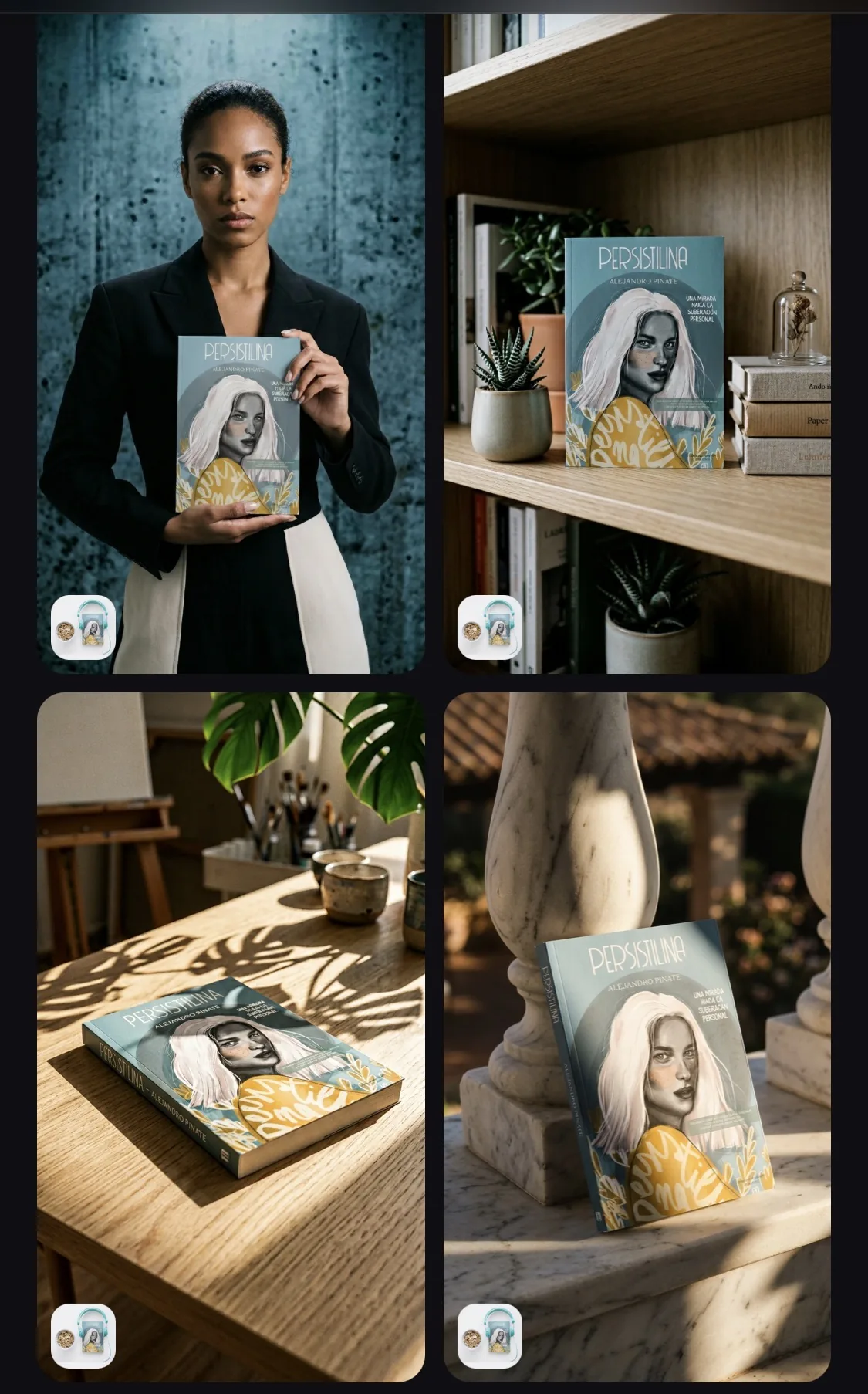 Cuatro ambientes del libro Persistilina: estudio, estanteria, terraza y editorial