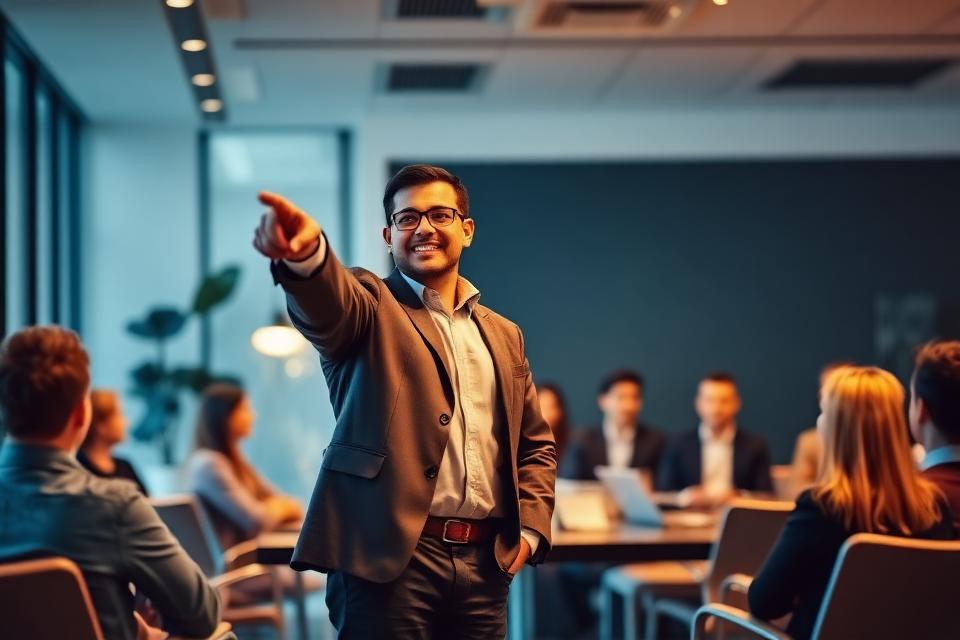 Líder inspirando a su equipo en una sala de conferencias — liderazgo persistente y visión transformadora