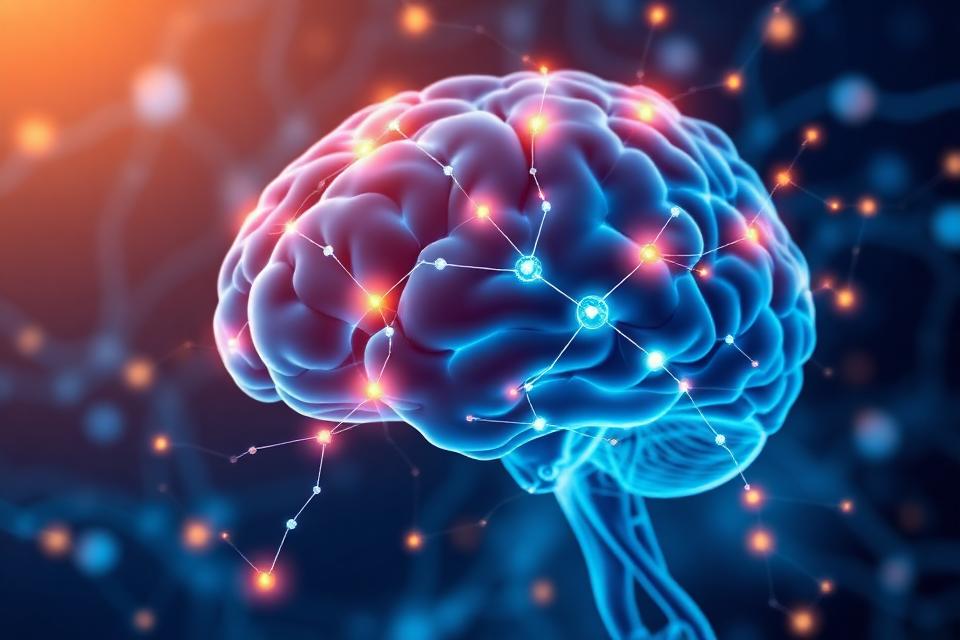 Ilustración de neuroplasticidad cerebral — conexiones neuronales que se fortalecen con la práctica de la perseverancia