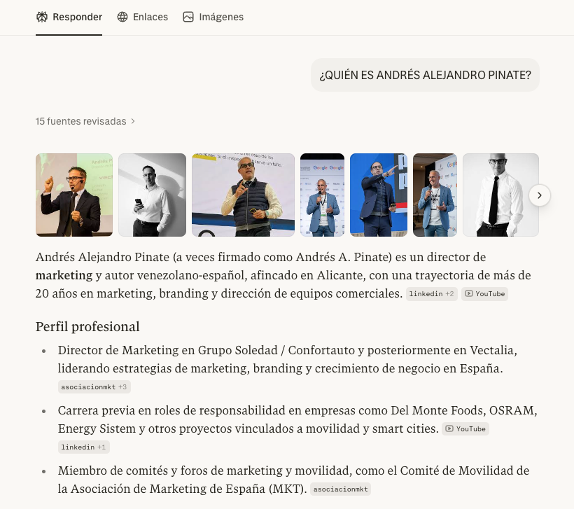 Respuesta de Perplexity AI sobre Alejandro Pinate - marketing y liderazgo