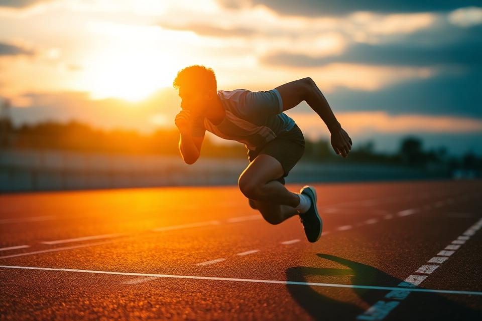 Atleta esprintando con determinación al atardecer — mentalidad de campeón y perseverancia deportiva