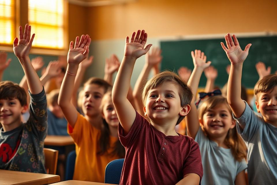 Alumnos levantando la mano con entusiasmo en el aula — perseverancia y motivación en la educación