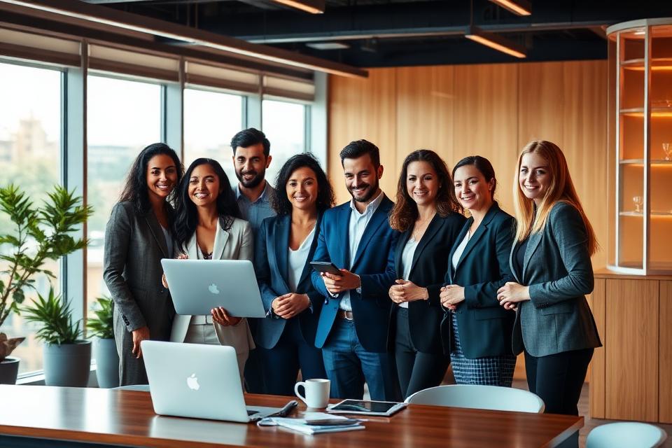 Equipo profesional colaborando con determinación en una oficina moderna — perseverancia empresarial