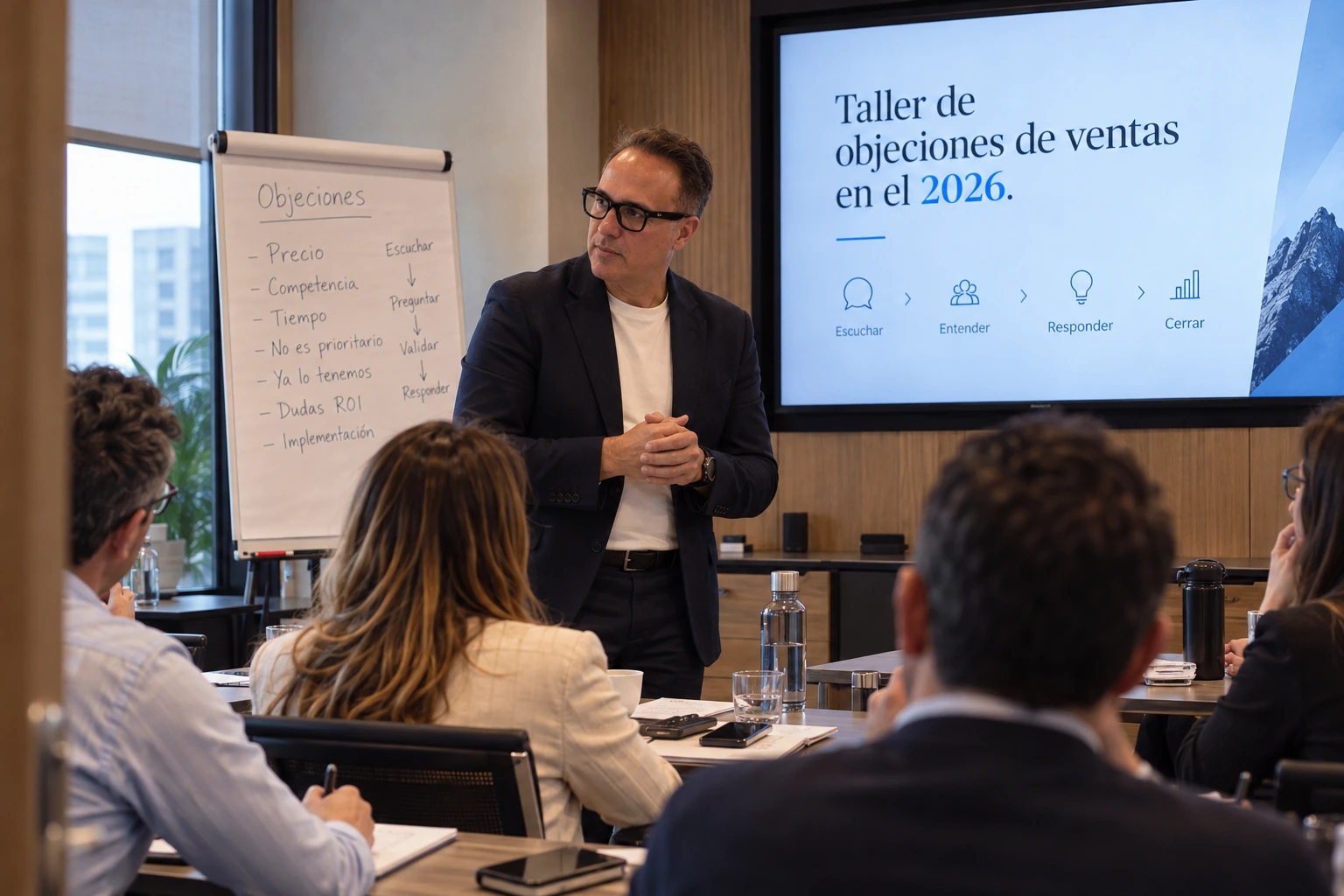 Taller con un equipo comercial trabajando objeciones de venta en rotafolio