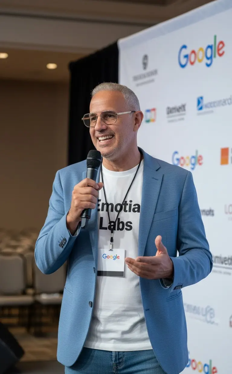 Alejandro Pinate hablando con micrófono en evento de Google