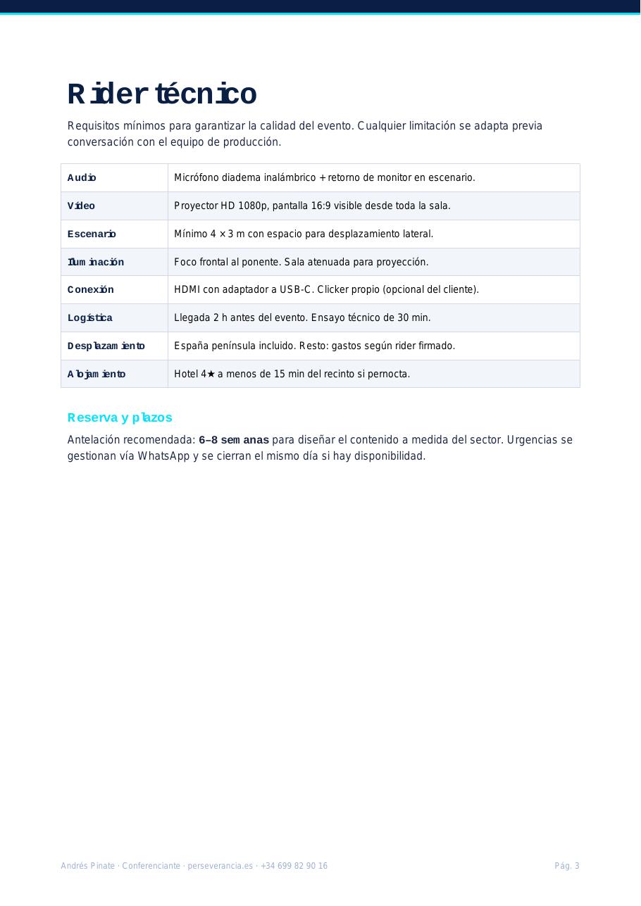 Página 4 del Media Kit: rider técnico