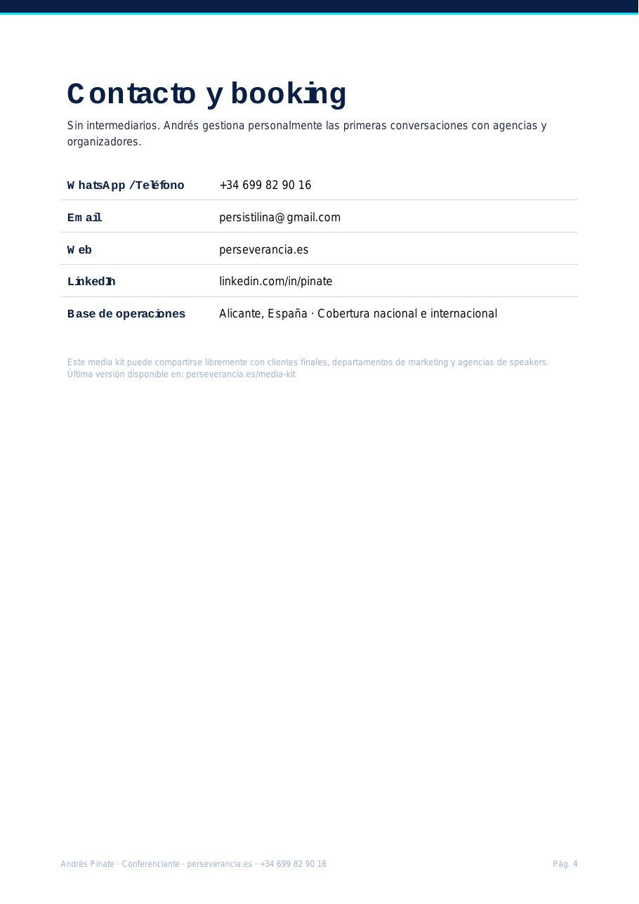 Página 5 del Media Kit: contacto y booking